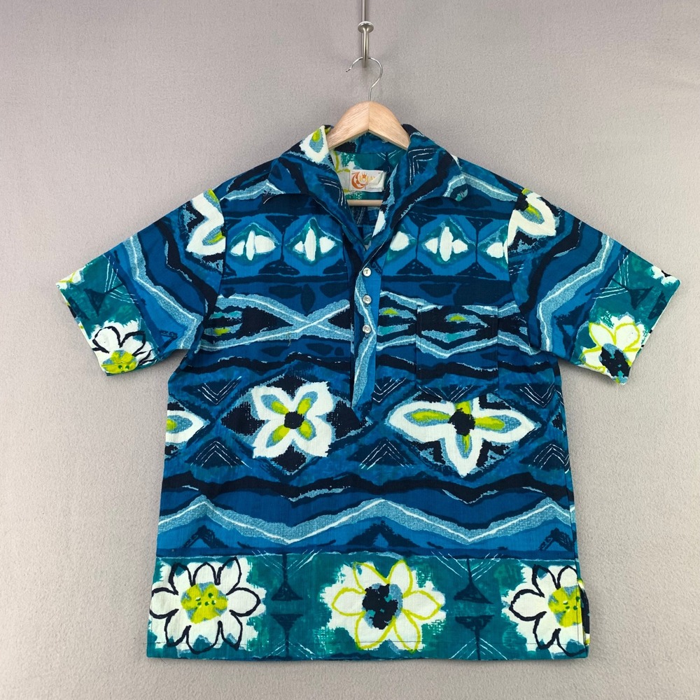 Vintage Iolani Hawaii Popover Shirt Mens Medium Blue Barkcloth Aloha Floral 60s